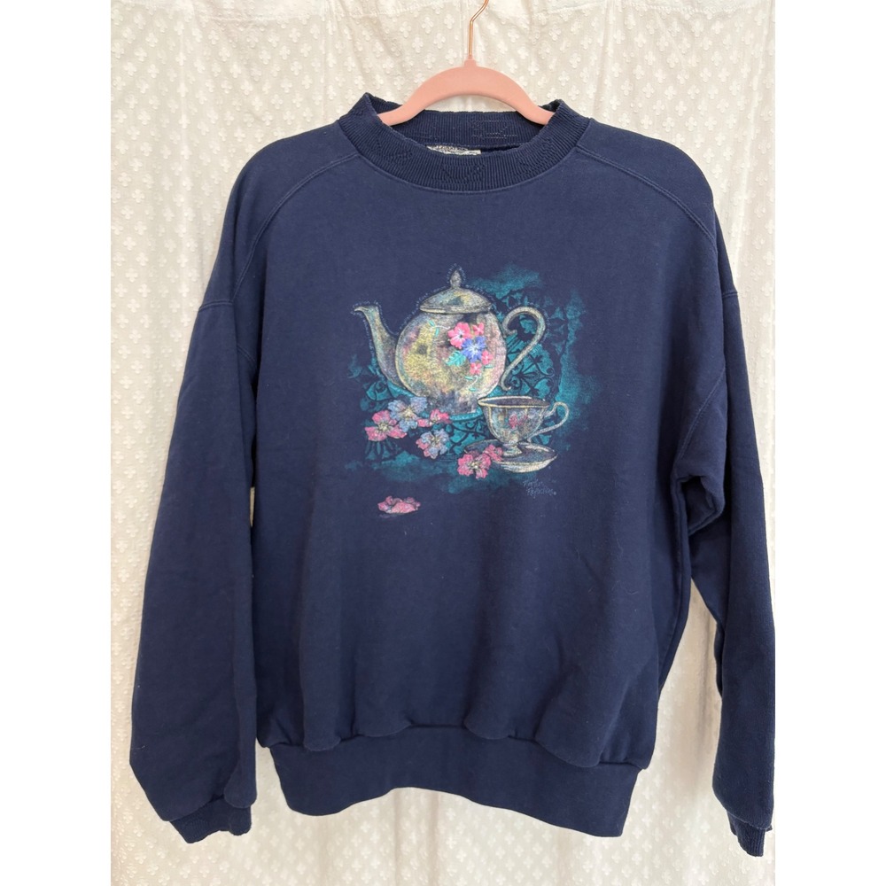 Northern Reflections Vintage Navy Blue Teapot Floral Embroidered Sweatshirt L